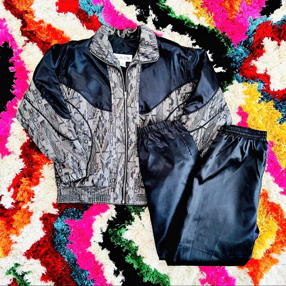 Vintage 80s Lavon Black Aztec Windbreaker Windsuit 2 Piece Medium